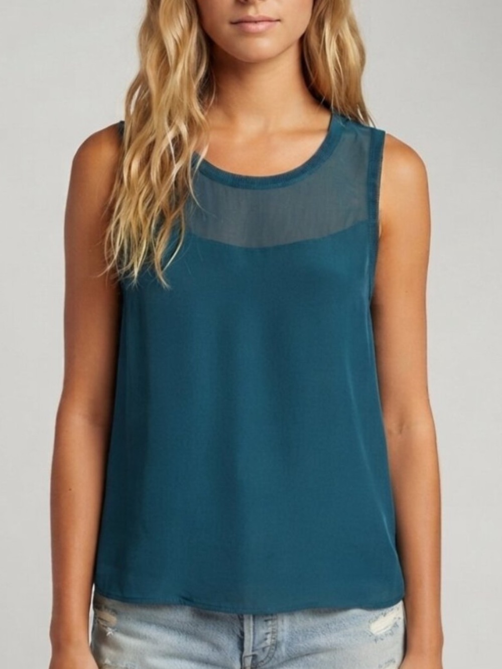 Vince Women's Teal Sleeveless Mesh-Trim Tank Top Size Small 39853